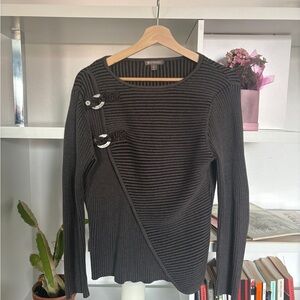 Asymmetrical Ribbed Crewneck Sweater with Buckles